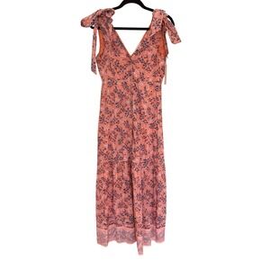 Cleobella Orange Floral Woodblock Print Tie Shoulder Button Front Midi Dress S